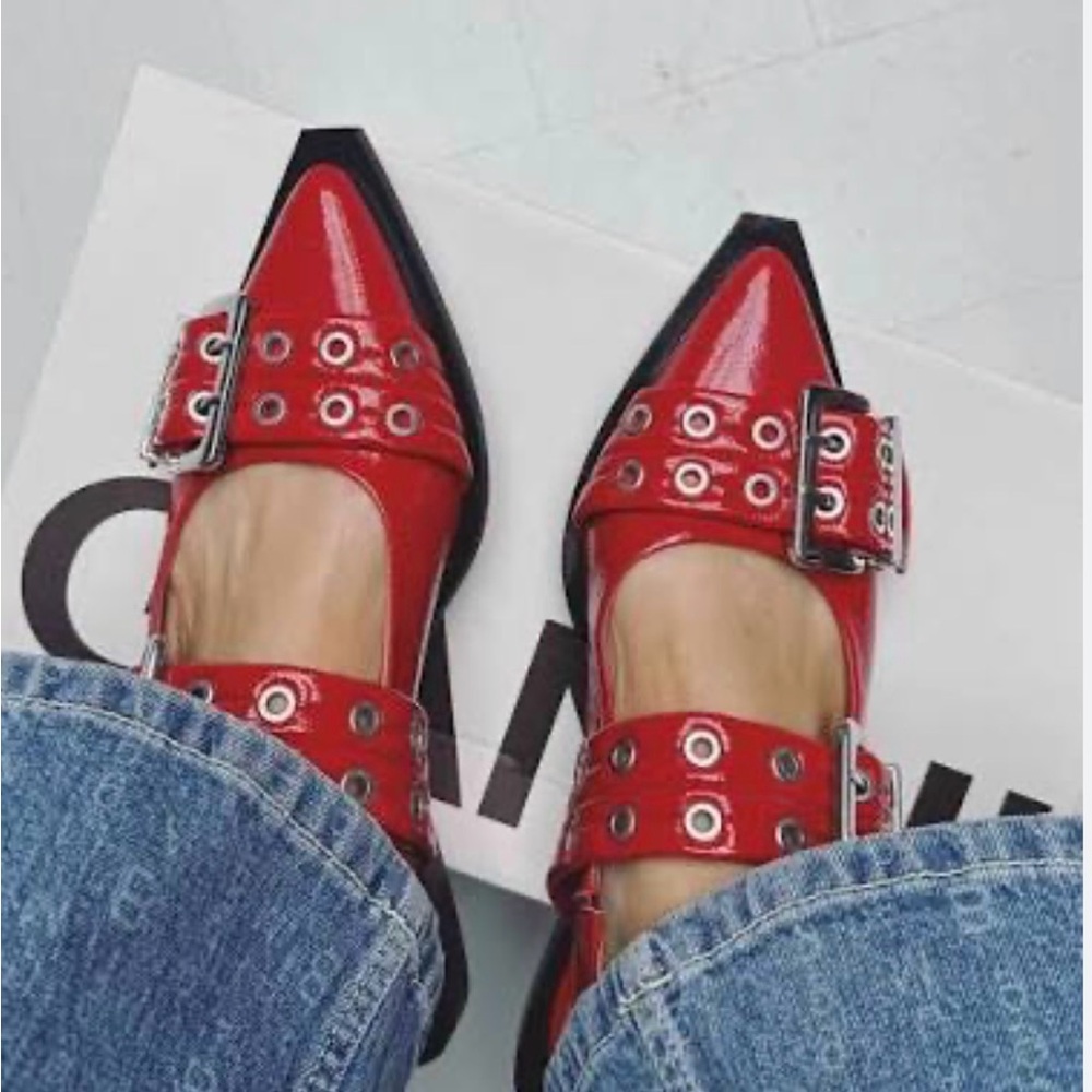 Ganni Red Patent Buckle Flats 39